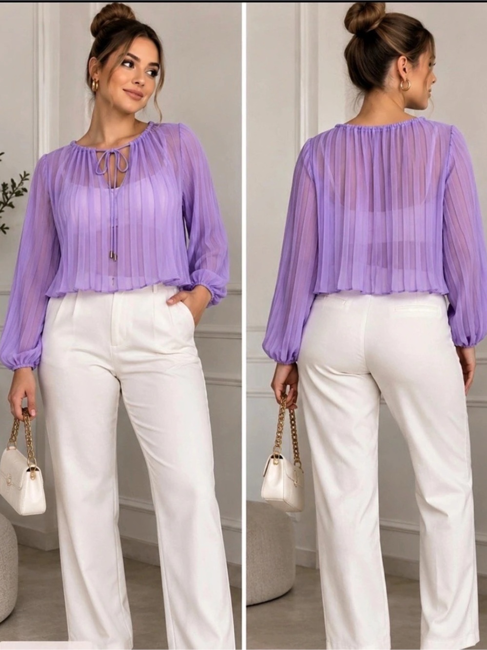 Mango Pleated Tie-Neck Blouse Purple XXS